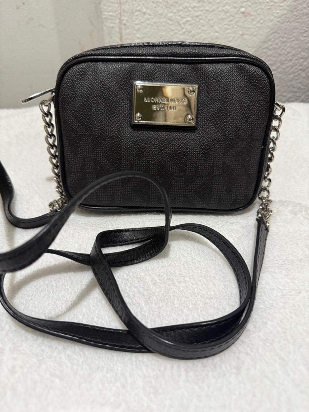 Michael Kors Black Crossbody Camera Bag with Silver Plaque